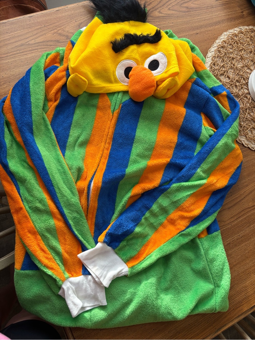 Sesame Street BurtYellow Hooded Plush Jacket with Green, Blue and Orange Stripes